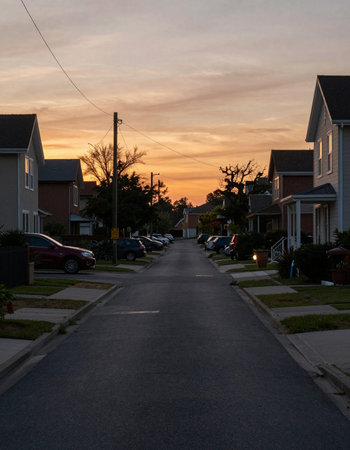 Sunset in a suburban neighborhood in the United States of America.
