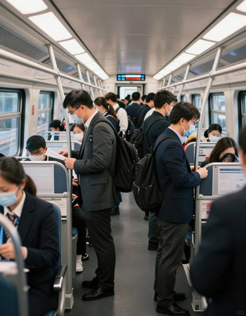 Businessmen and businesswomen inside of a modern train