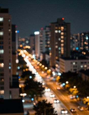 City night light blur bokeh, defocused urban background.