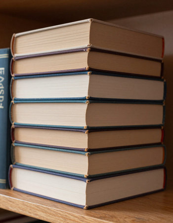 Stack of books on a shelf in a library. Education concept.