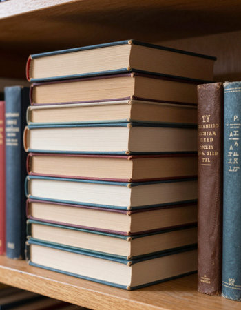 Books on the bookshelf in the library. Education concept.