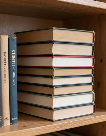 Stack of books on wooden shelf. Education and learning concept. Back to school.
