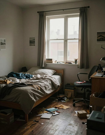 Interior of a messy room with furniture, window and blinds