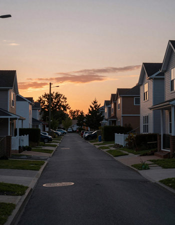 Sunset in a suburban neighborhood in the United States of America.の写真素材