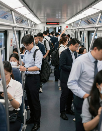 People traveling by train in a rush hour, Tokyo, Japan.