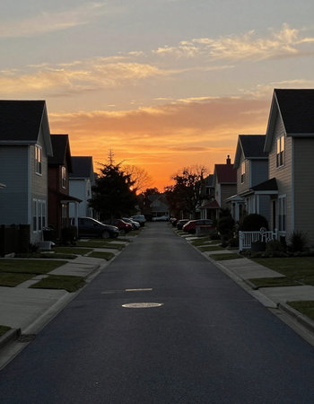 Sunset in a row of houses in a suburban neighborhood in Washington, DC.の写真素材