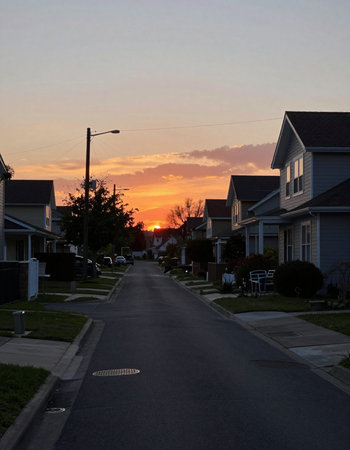 Sunset in the suburbs. The setting sun illuminates the streets.の写真素材