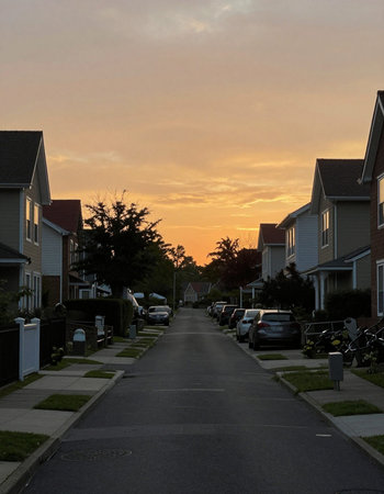 Sunset in a row of residential homesの写真素材