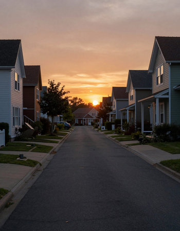 Sunset in a row of houses in the suburbs.の写真素材