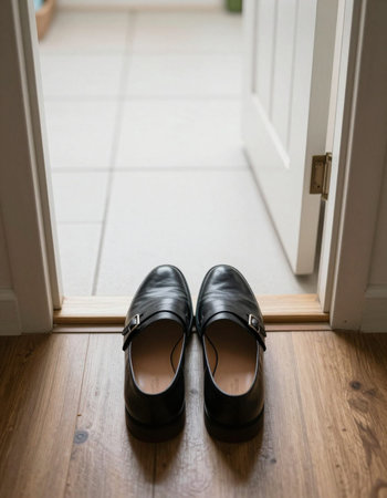 Pair of black leather shoes standing on floor in front of door