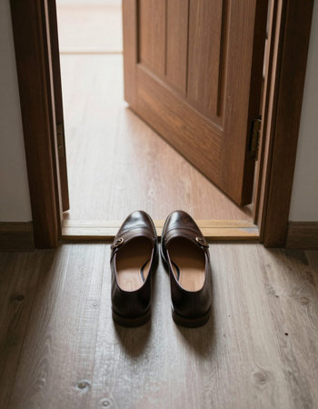 Wedding shoes on the wooden floor at the entrance door.の写真素材