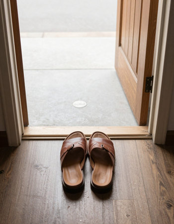 Wedding shoes on the wooden floor in front of the door