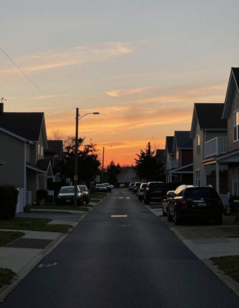 Sunset in the suburbs. The setting sun is reflected in the street.の写真素材