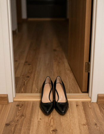 A pair of black high heel shoes standing on a wooden floor.