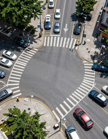 Aerial view of a crosswalk with cars in the city.