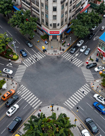 Aerial view of people crossing the street in Hong Kong, China