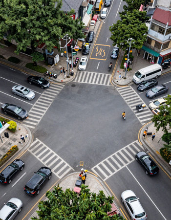 Aerial view of a street with traffic and cars in Hong Kong