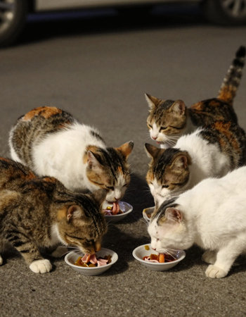 Three cats eating food on the street in Istanbul,Turkey.16 October 2014の写真素材