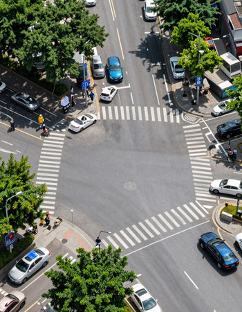 Zebra crossing in the middle of the city, view from above