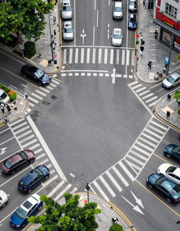 Aerial view of a crosswalk in the city, China.