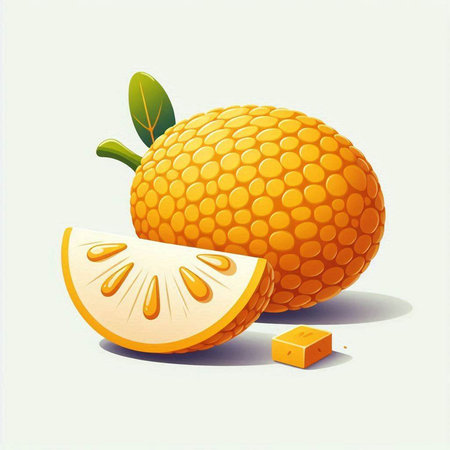 Illustration of orange fruit with slice and cube on a white background