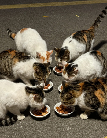 Group of cats eating food in the street. Pet food concept.