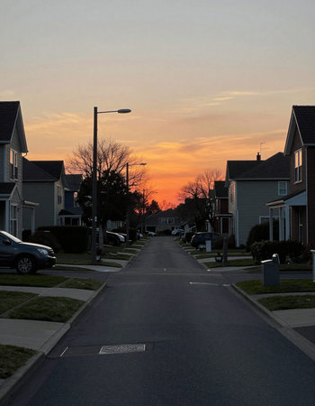 Sunset in a suburban neighborhood in the United States of America.