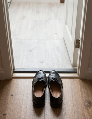 A pair of black shoes standing on the floor in front of a door