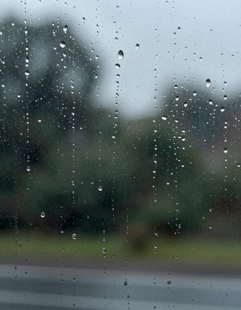 Rain drops on the glass with a blurred background of the road.