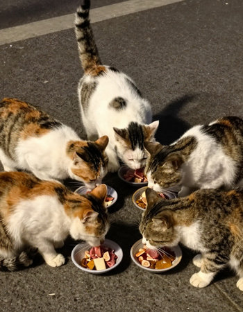 A group of stray cats eating food on the street in the city