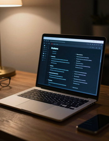 Close up of a laptop on a table in a living room at night