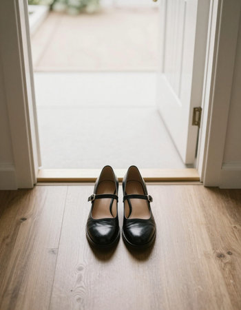 A pair of black women's shoes on the floor in front of the door