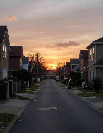 Sunset in a suburban neighborhood in the United States of America.