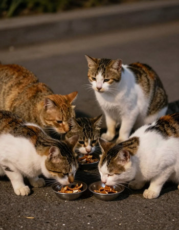 A group of cats eating food from a bowl on the street.