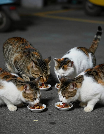 Three cats eat food on the street. Selective focus and shallow depth of field.