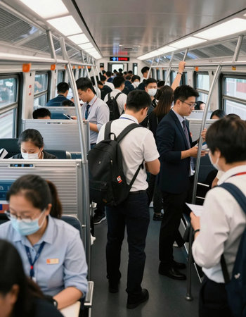 Unidentified people travel by train.