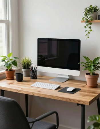 Workplace with computer, keyboard, mouse and plants on wooden tableの写真素材