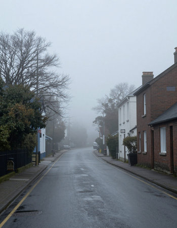 View of a misty street in the English countryside during the day.