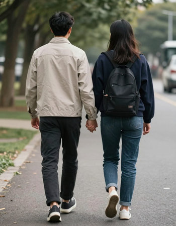 Back view of a young couple walking in the street holding hands.