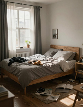 Interior of a modern bedroom with a wooden bed and a book