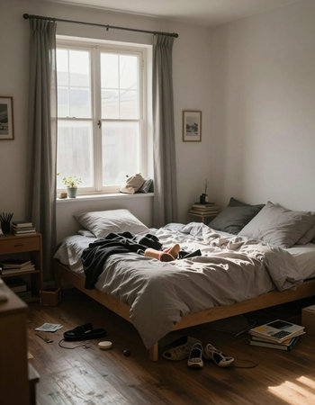 Interior of a cozy bedroom with a bed and a book in the foreground