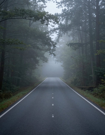 asphalt road in the forest with fog in the morning, nature series