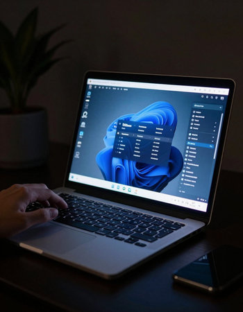 Man working on laptop in dark room. Close-up of hands