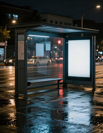 Bus stop at night in the city. Empty bus stop with blank billboardの写真素材