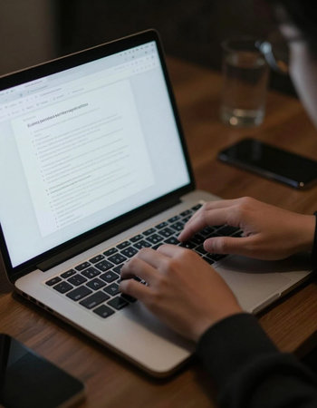 Close-up of female hands typing on laptop keyboard in cafe.