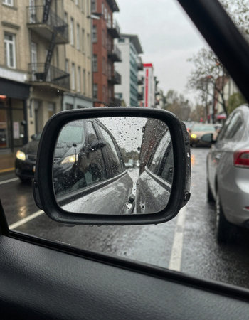 Reflection in the rearview mirror of a car on a rainy day