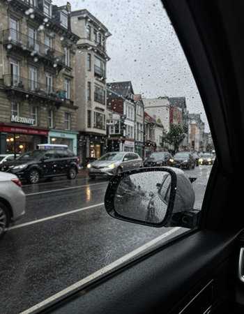 View from the car window on a rainy day in Paris, France