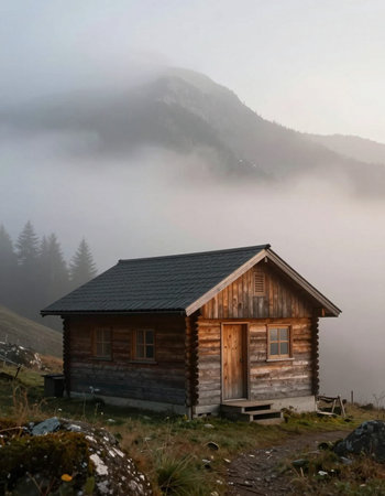 Wooden house in the foggy mountains. Carpathians, Ukraine