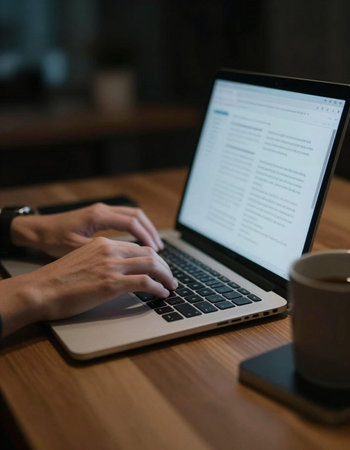 Close-up of businesswoman typing on laptop at table in cafe