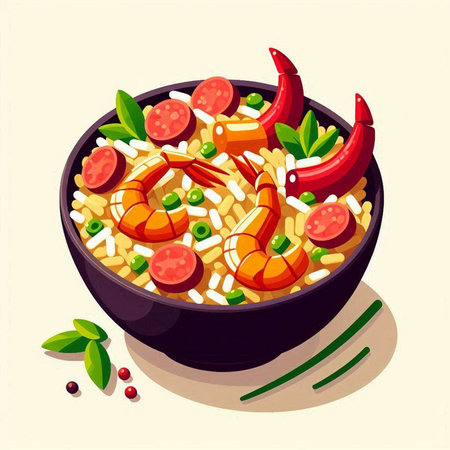 Illustration of a bowl of rice with shrimps and vegetablesの写真素材